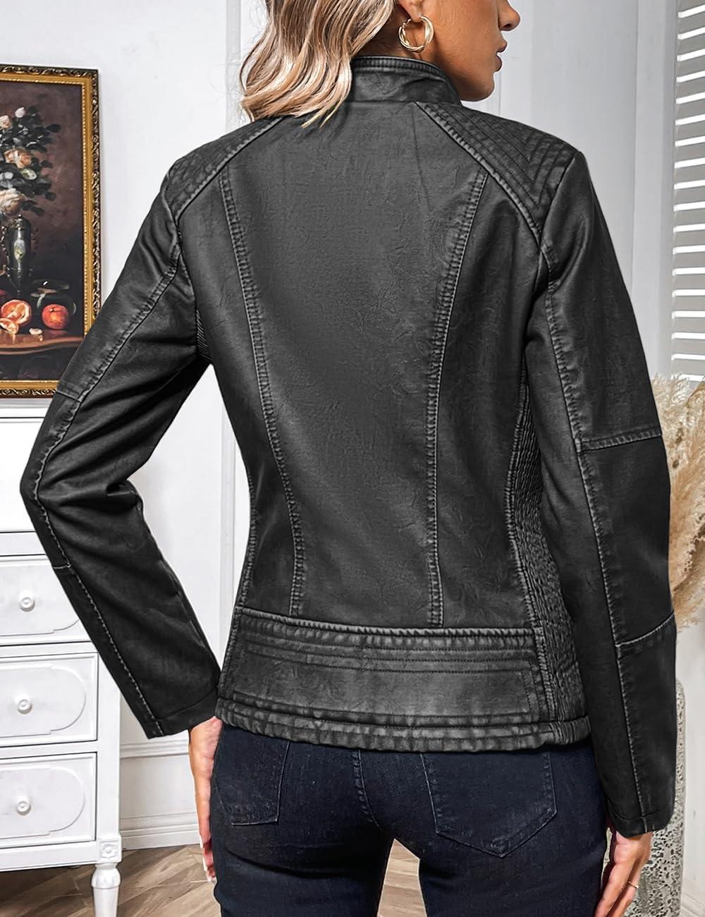 imageBellivera Faux Leather Jacket Women Motorcycle Zipper Bomber PU Bike Coat with PocketsGrey Retro
