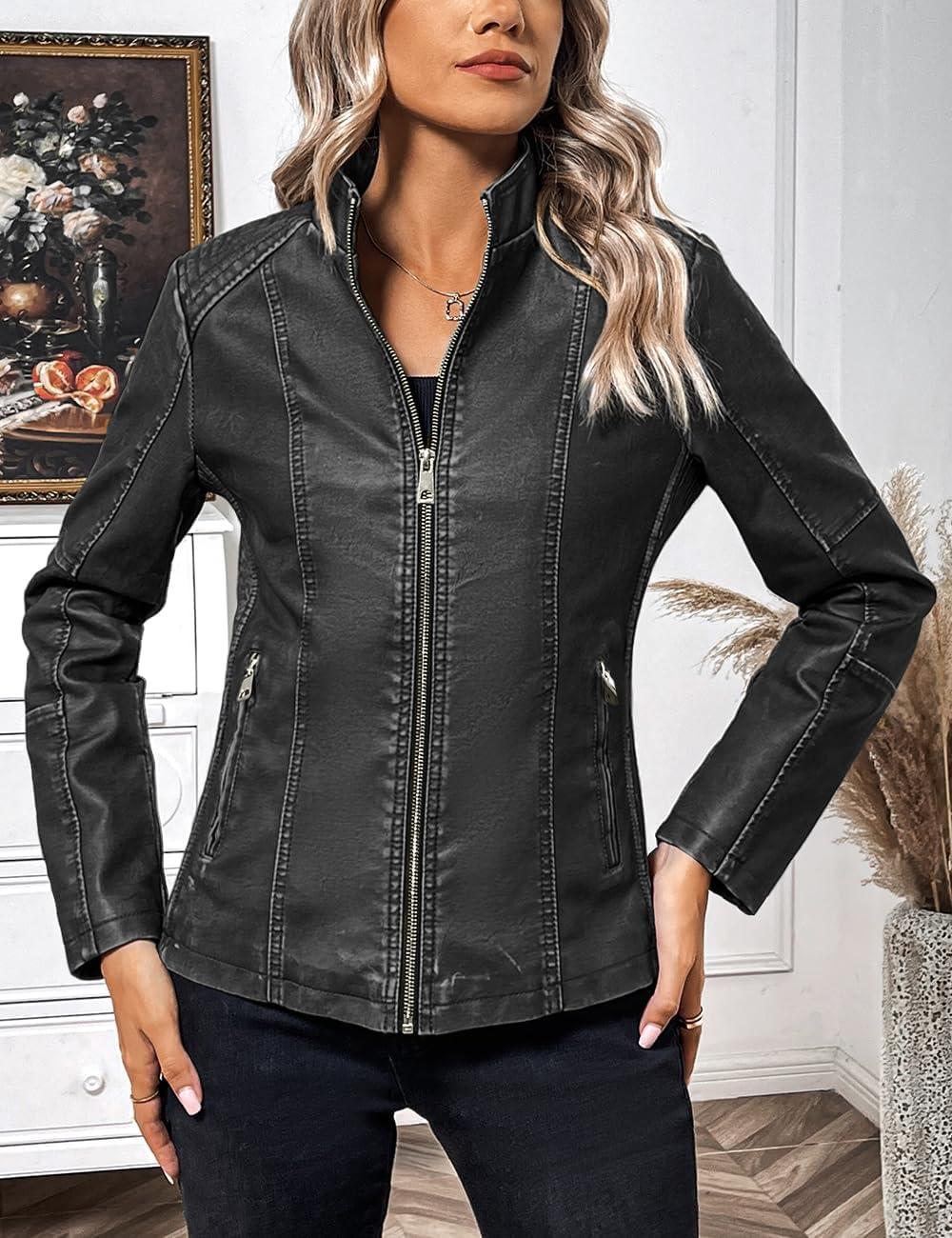 imageBellivera Faux Leather Jacket Women Motorcycle Zipper Bomber PU Bike Coat with PocketsGrey Retro