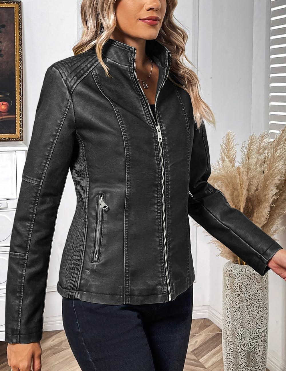 imageBellivera Faux Leather Jacket Women Motorcycle Zipper Bomber PU Bike Coat with PocketsGrey Retro