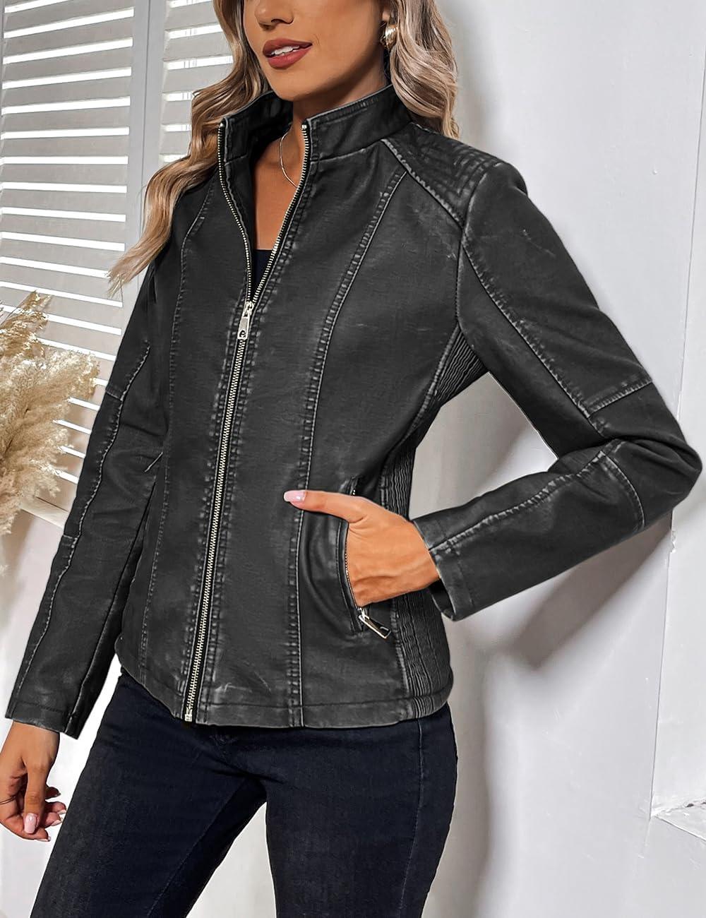 imageBellivera Faux Leather Jacket Women Motorcycle Zipper Bomber PU Bike Coat with PocketsGrey Retro