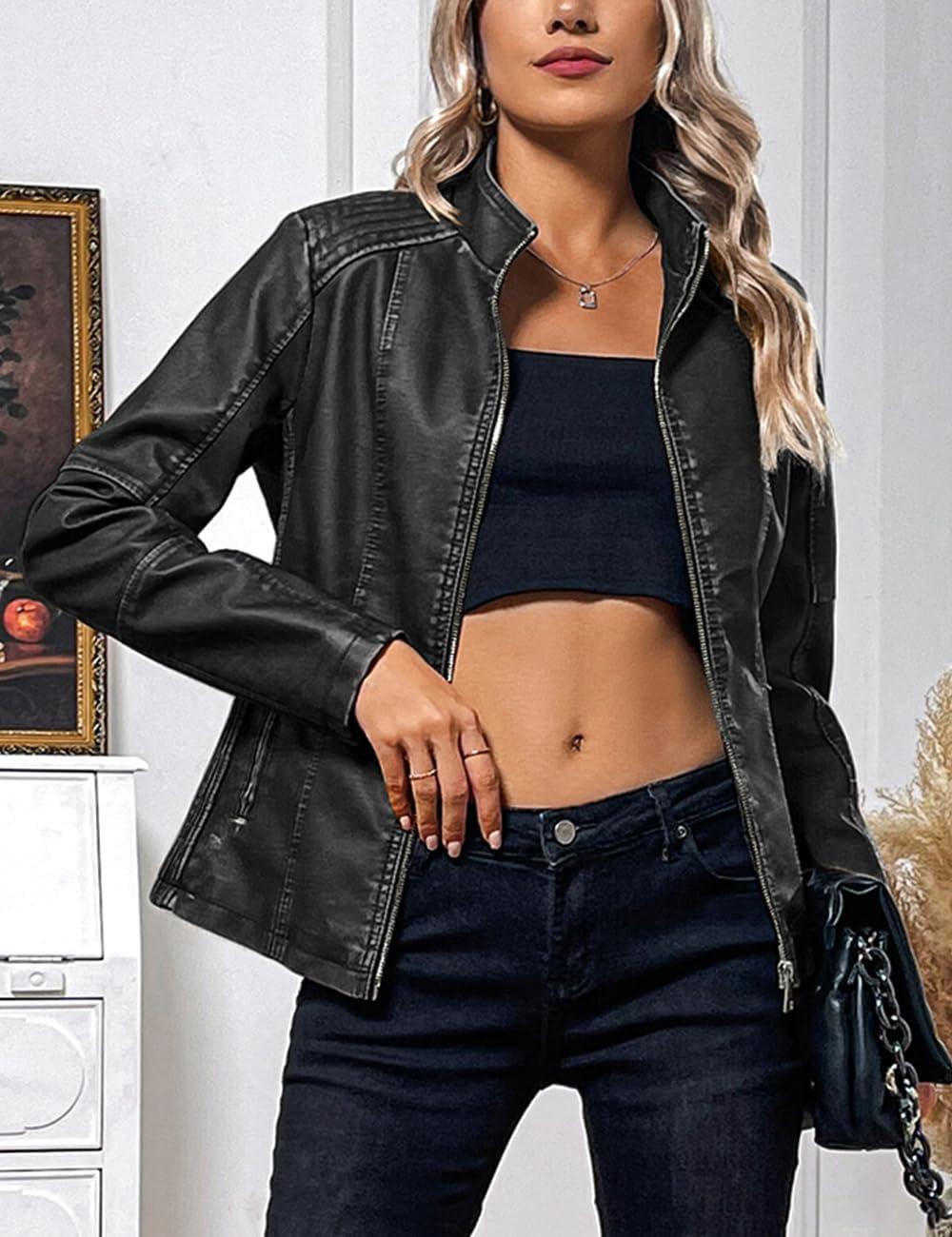imageBellivera Faux Leather Jacket Women Motorcycle Zipper Bomber PU Bike Coat with PocketsGrey Retro