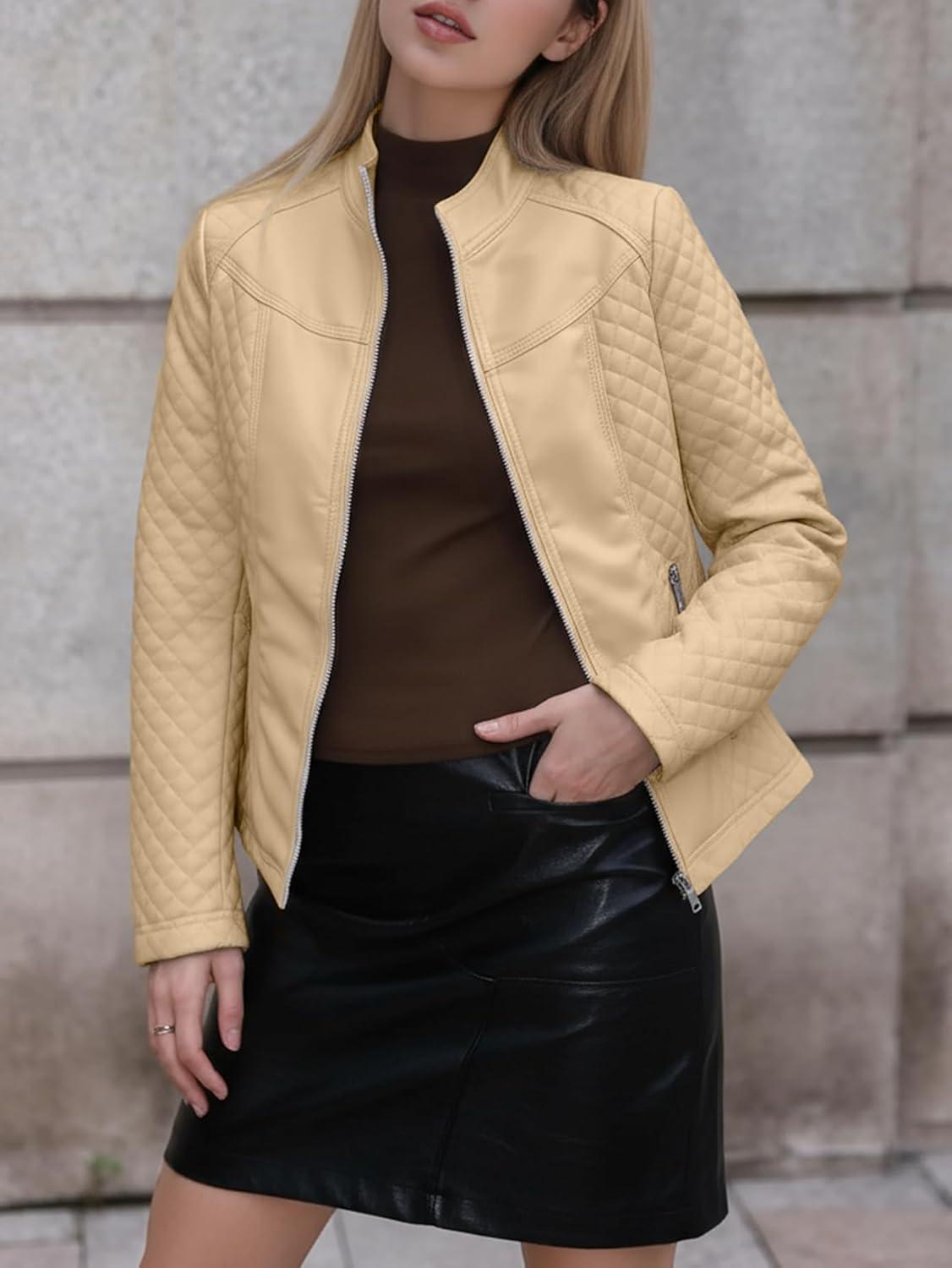 imageBellivera Faux Leather Jacket Women Motorcycle Zipper Bomber PU Bike Coat with PocketsKhaki Casual Jacket