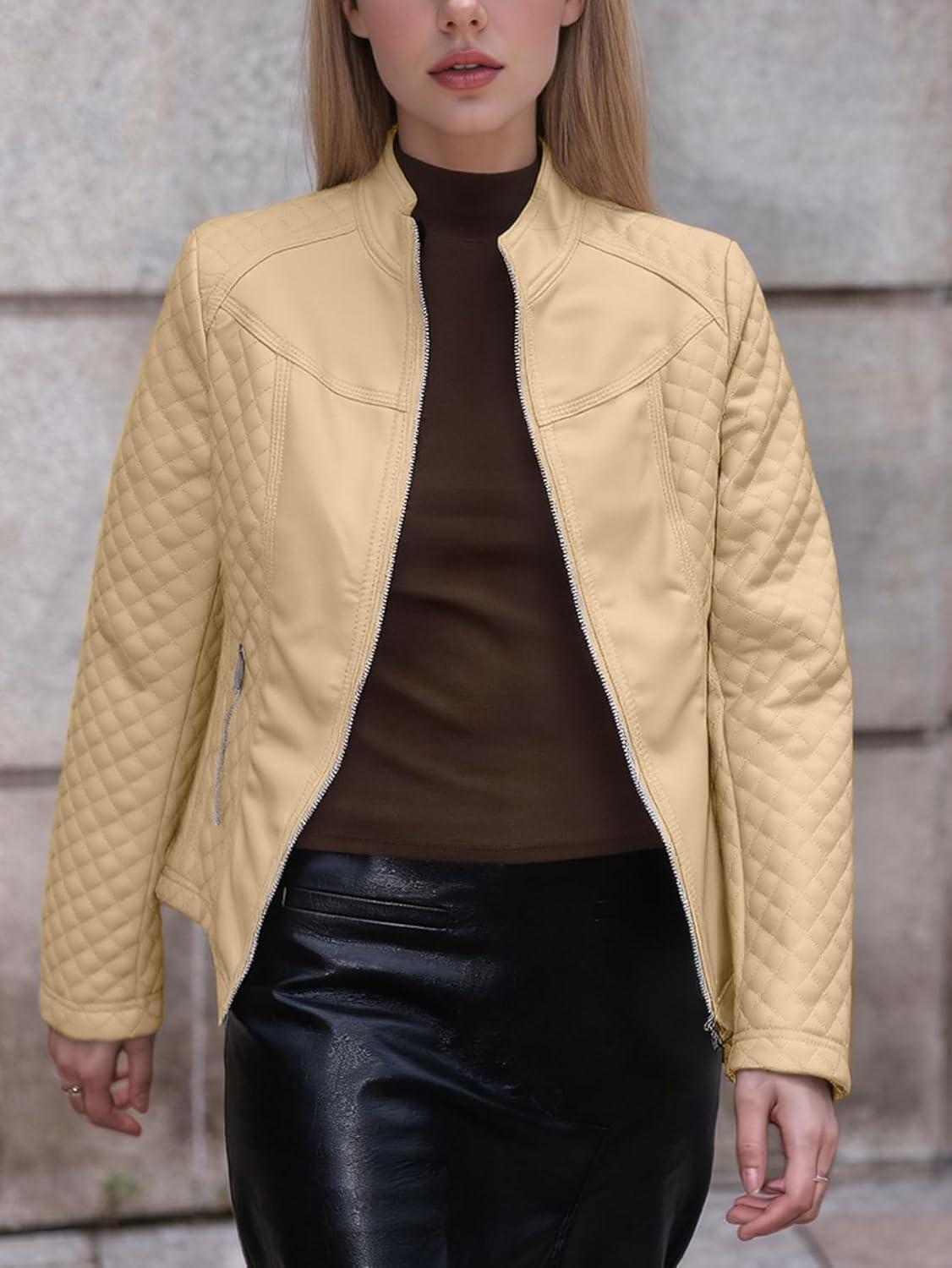 imageBellivera Faux Leather Jacket Women Motorcycle Zipper Bomber PU Bike Coat with PocketsKhaki Casual Jacket