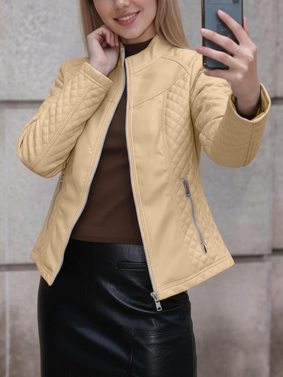 imageBellivera Faux Leather Jacket Women Motorcycle Zipper Bomber PU Bike Coat with PocketsKhaki Casual Jacket