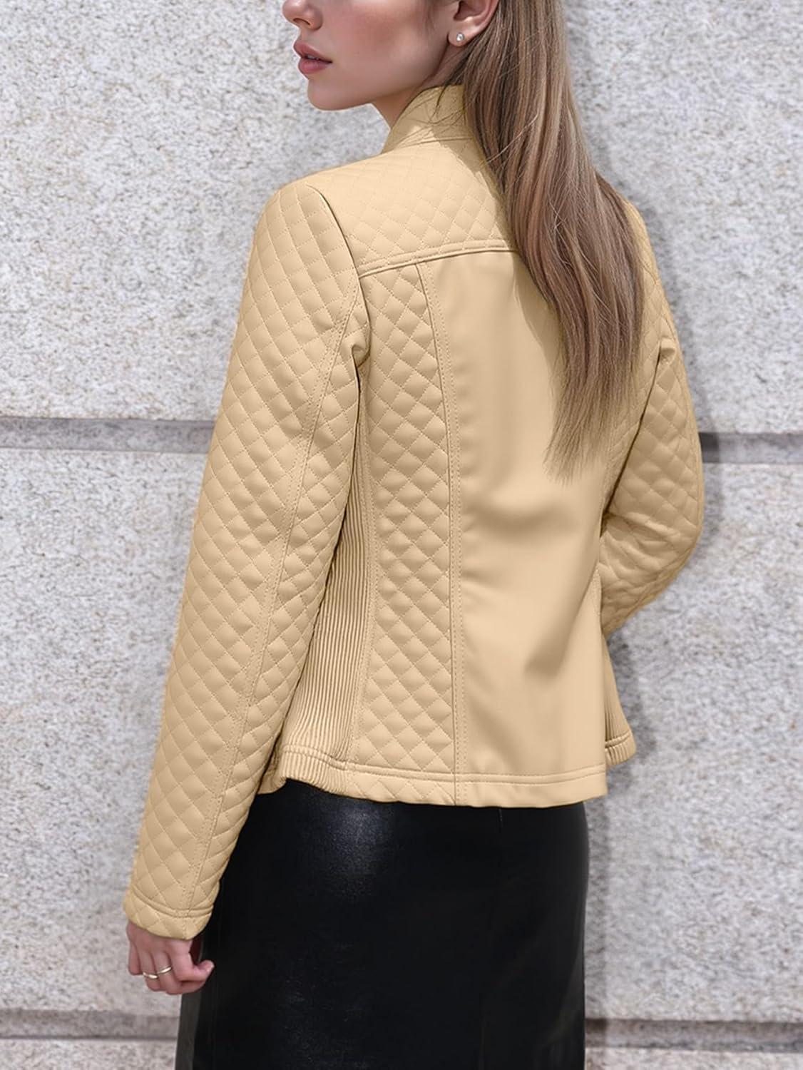 imageBellivera Faux Leather Jacket Women Motorcycle Zipper Bomber PU Bike Coat with PocketsKhaki Casual Jacket
