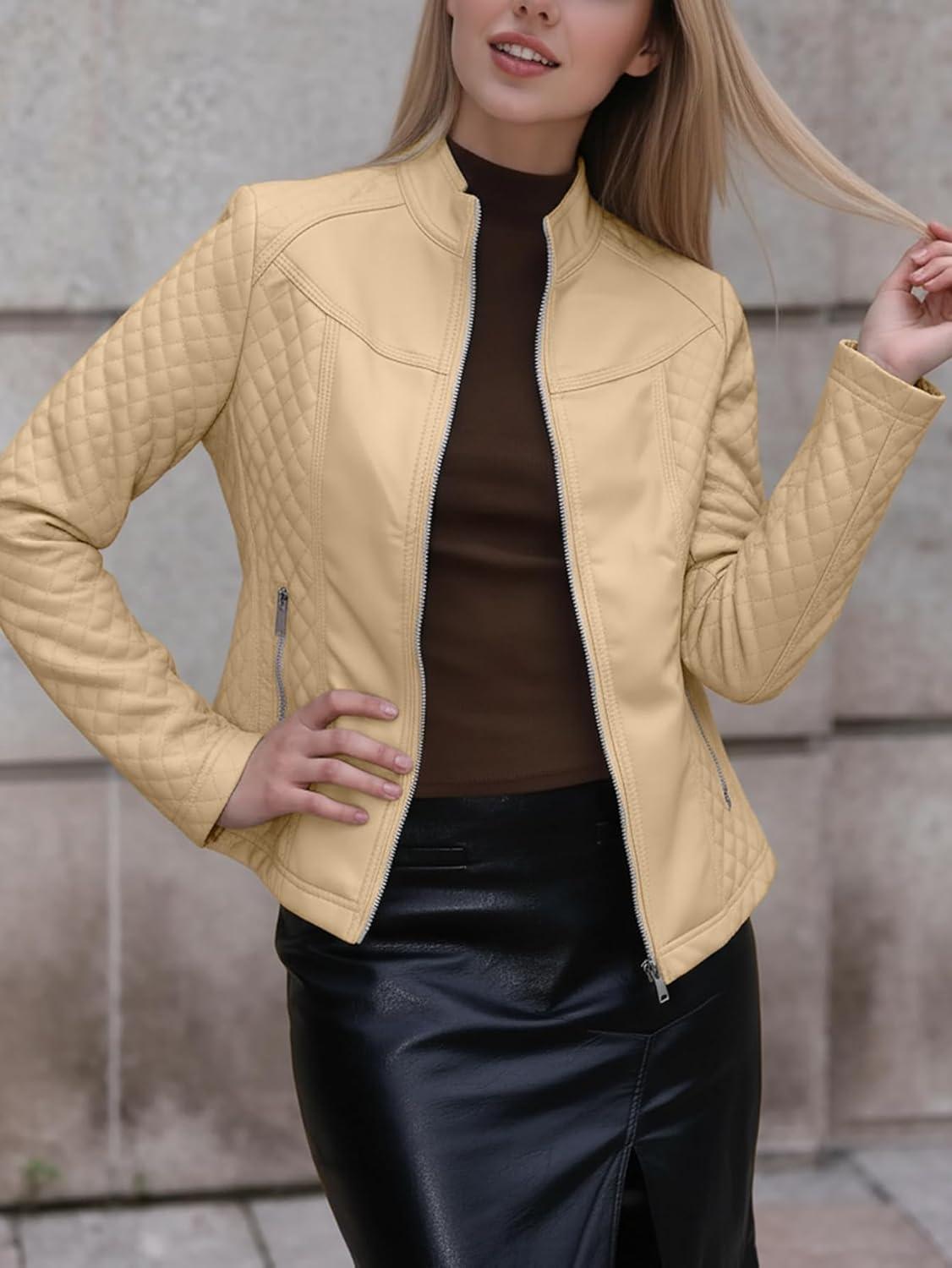 imageBellivera Faux Leather Jacket Women Motorcycle Zipper Bomber PU Bike Coat with PocketsKhaki Casual Jacket