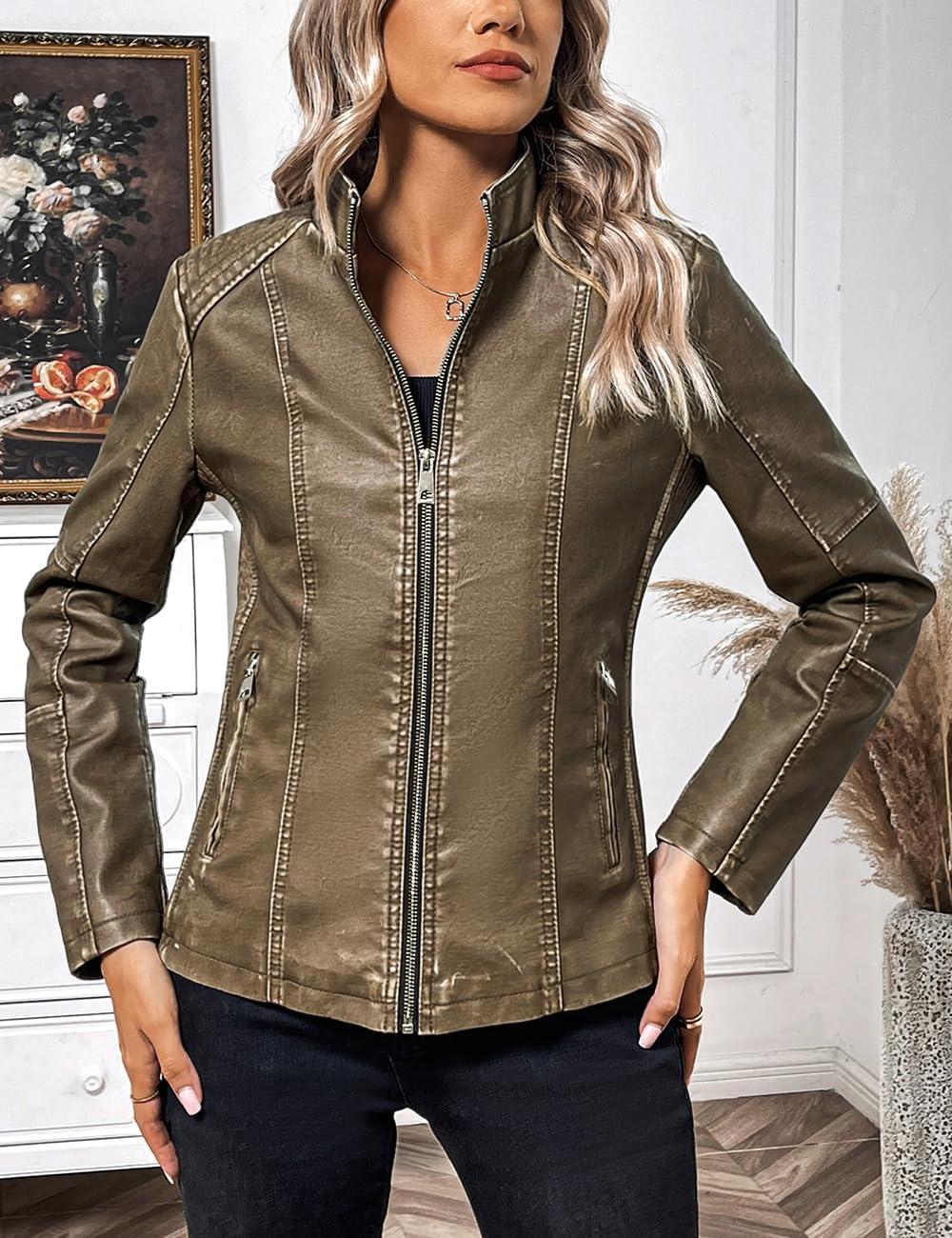 imageBellivera Faux Leather Jacket Women Motorcycle Zipper Bomber PU Bike Coat with PocketsKhaki Retro