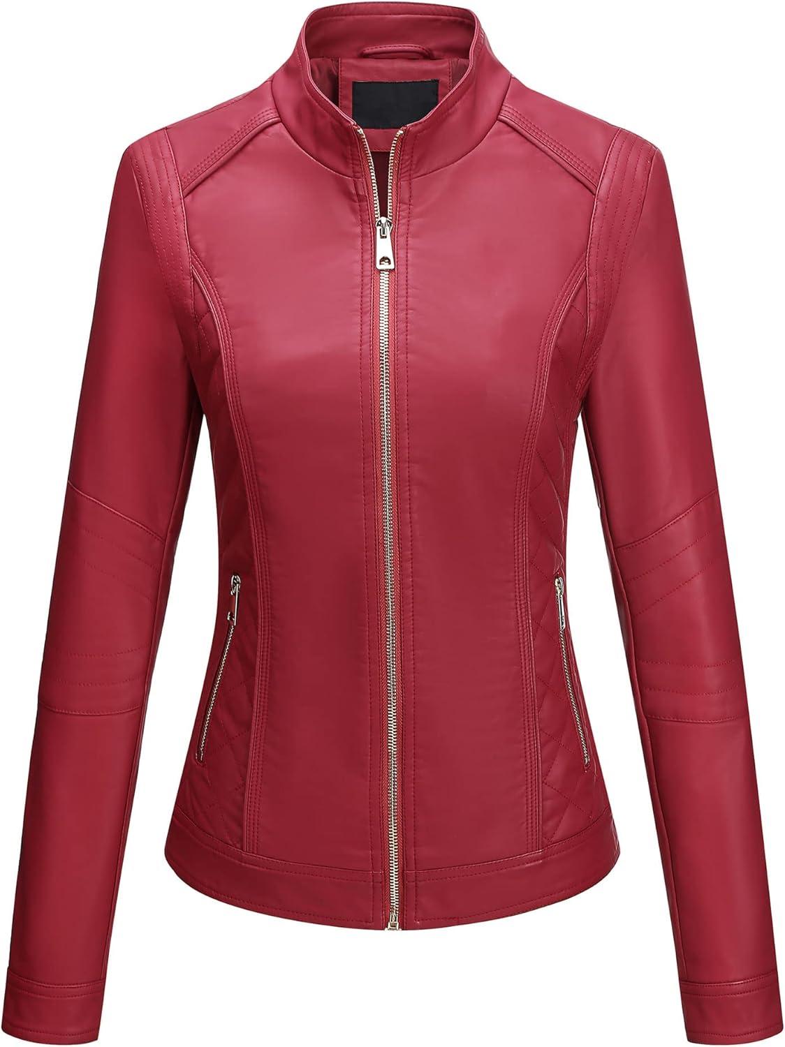 imageBellivera Faux Leather Jacket Women Motorcycle Zipper Bomber PU Bike Coat with PocketsRed