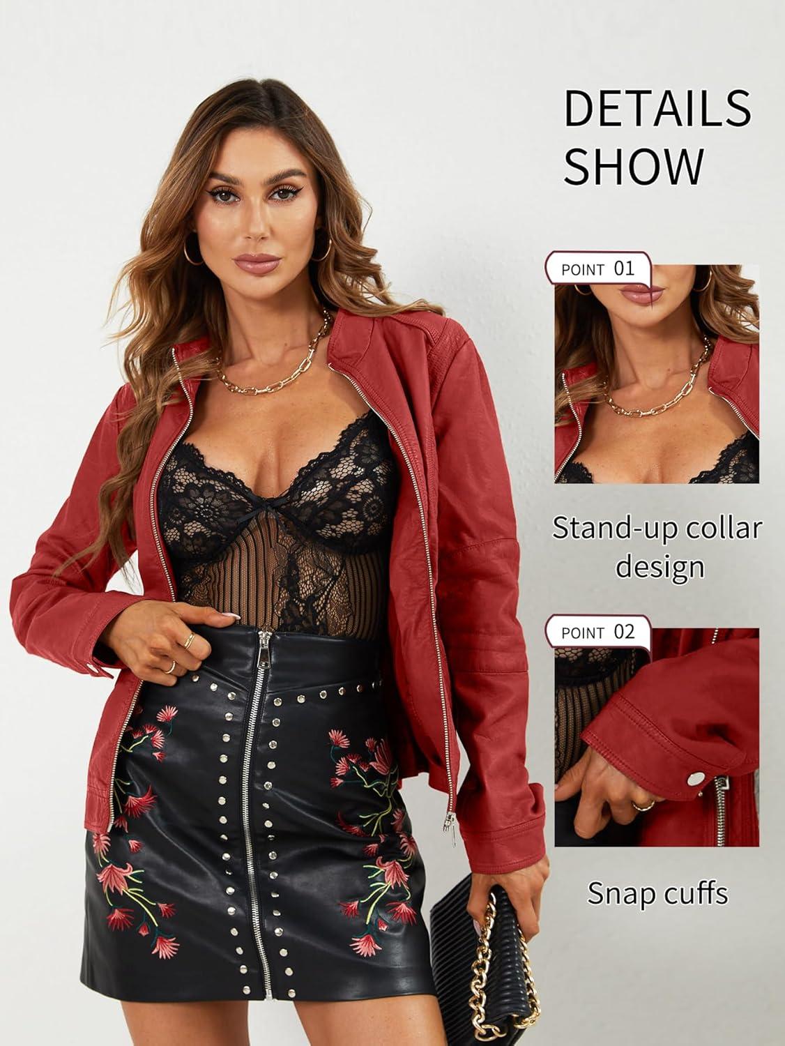 imageBellivera Faux Leather Jacket Women Motorcycle Zipper Bomber PU Bike Coat with PocketsRed