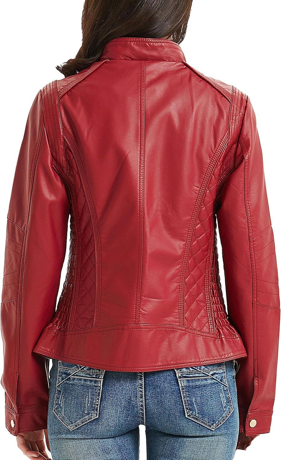 imageBellivera Faux Leather Jacket Women Motorcycle Zipper Bomber PU Bike Coat with PocketsRed