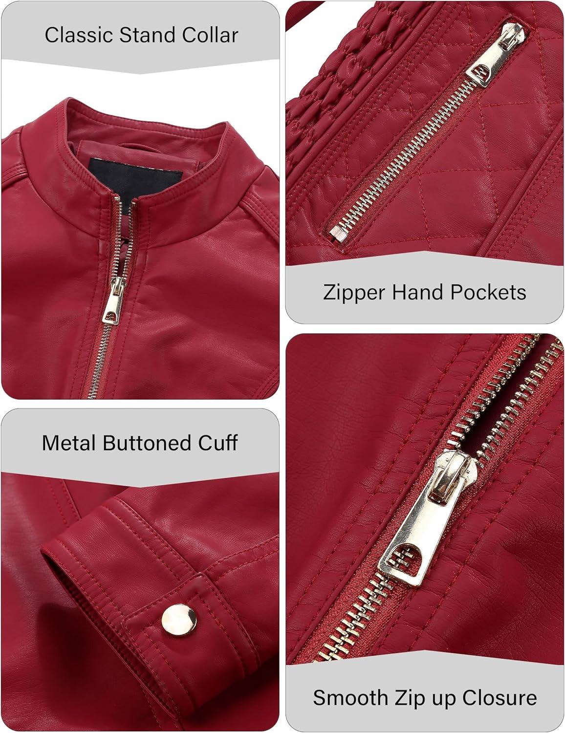 imageBellivera Faux Leather Jacket Women Motorcycle Zipper Bomber PU Bike Coat with PocketsRed