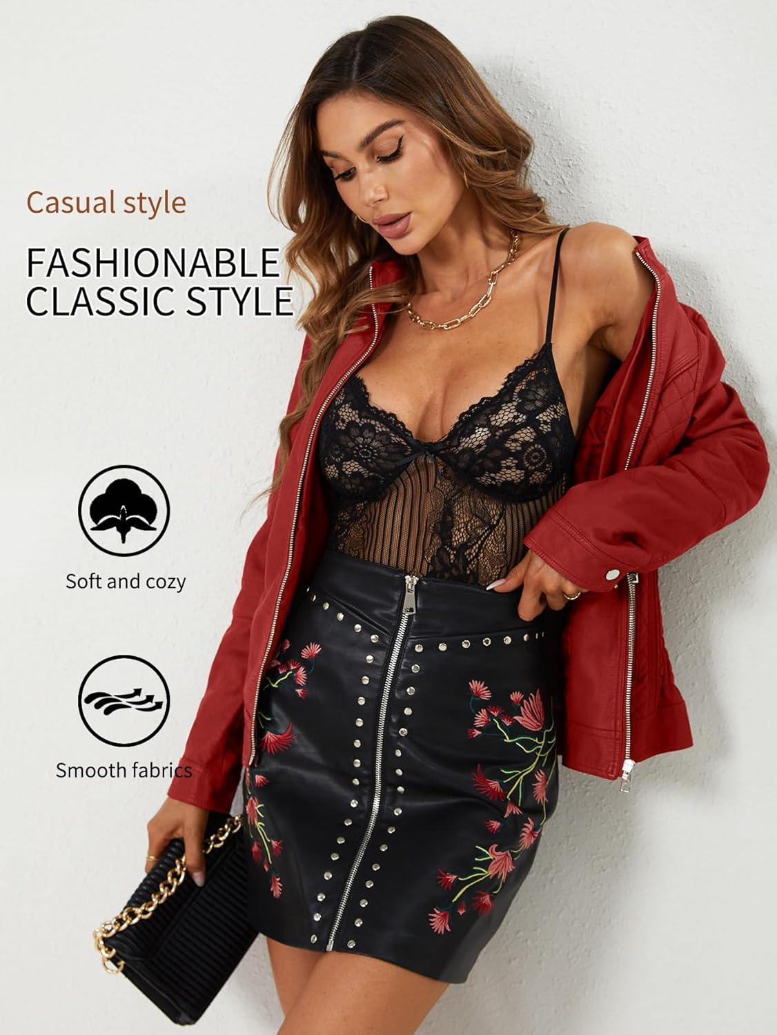 imageBellivera Faux Leather Jacket Women Motorcycle Zipper Bomber PU Bike Coat with PocketsRed