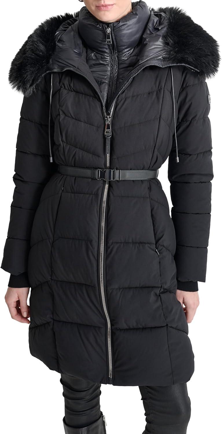 imageDKNY womens Bibfront Fauxfur Trim Hooded LongBlack