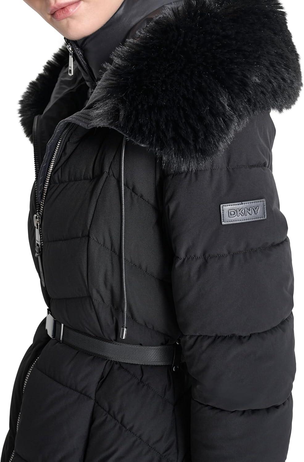 imageDKNY womens Bibfront Fauxfur Trim Hooded LongBlack