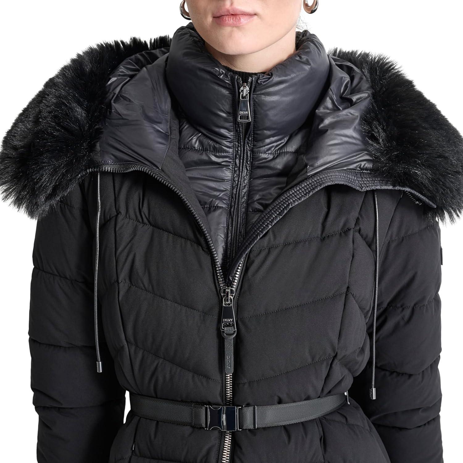 imageDKNY womens Bibfront Fauxfur Trim Hooded LongBlack