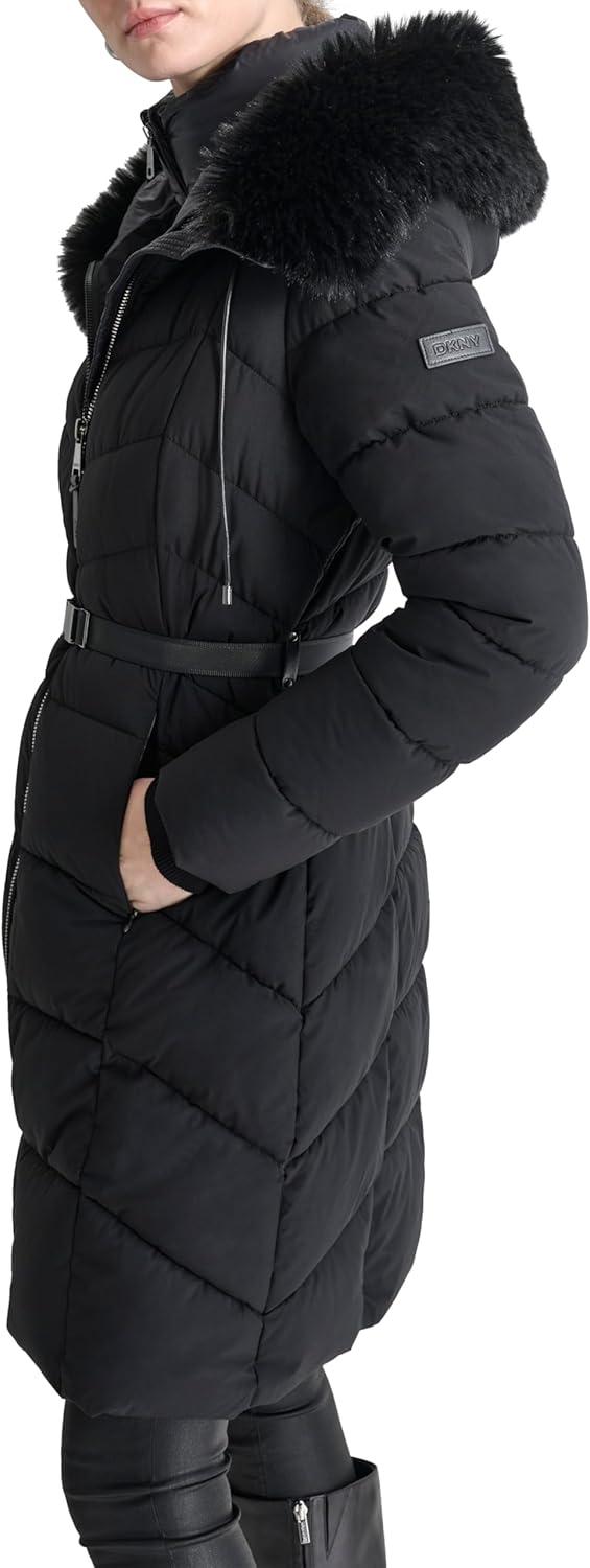 imageDKNY womens Bibfront Fauxfur Trim Hooded LongBlack