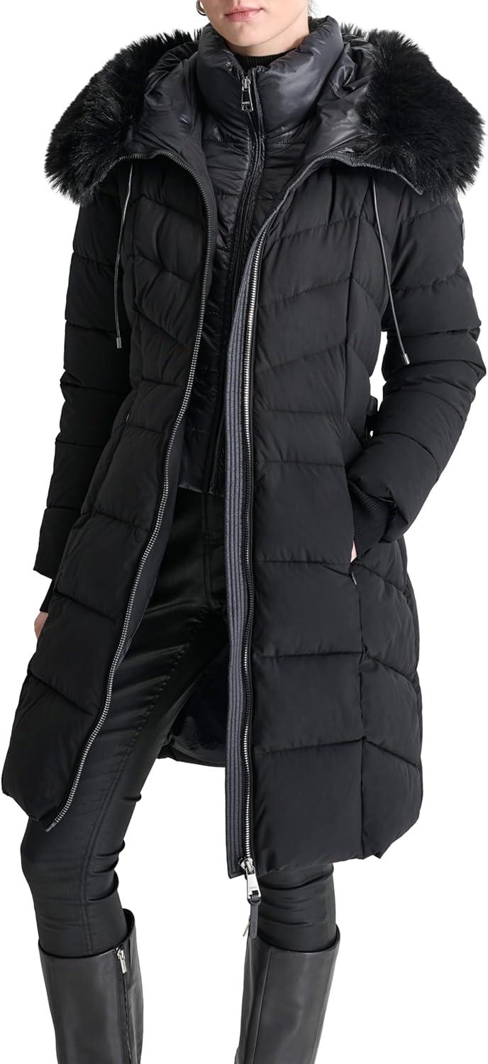imageDKNY womens Bibfront Fauxfur Trim Hooded LongBlack