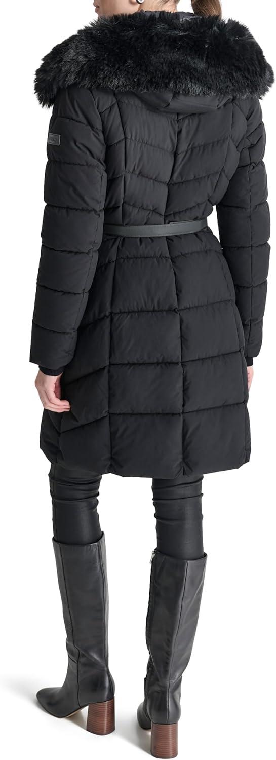 imageDKNY womens Bibfront Fauxfur Trim Hooded LongBlack