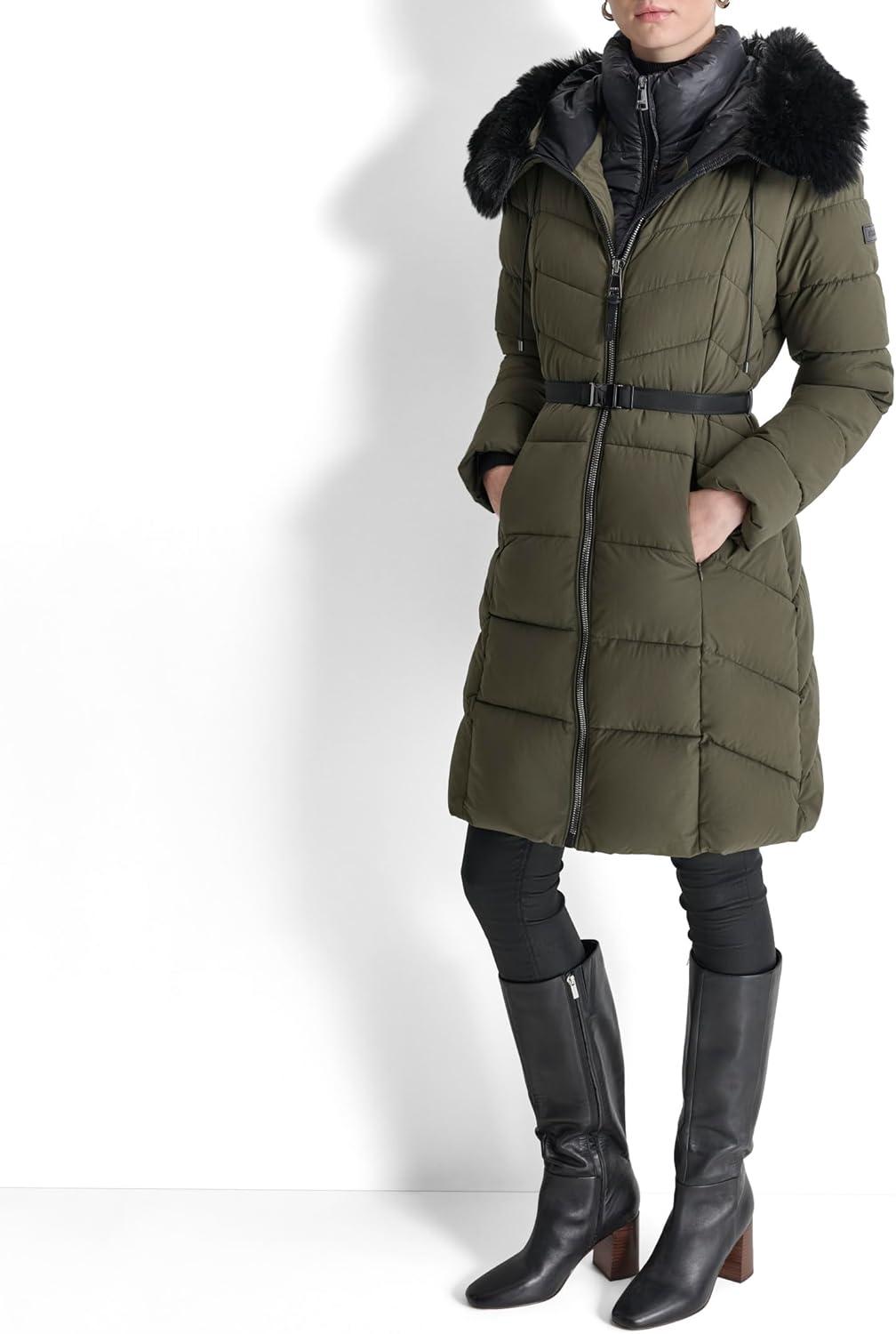 imageDKNY womens Bibfront Fauxfur Trim Hooded LongLoden