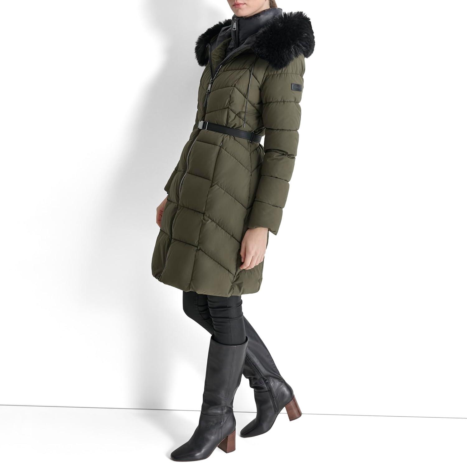 imageDKNY womens Bibfront Fauxfur Trim Hooded LongLoden