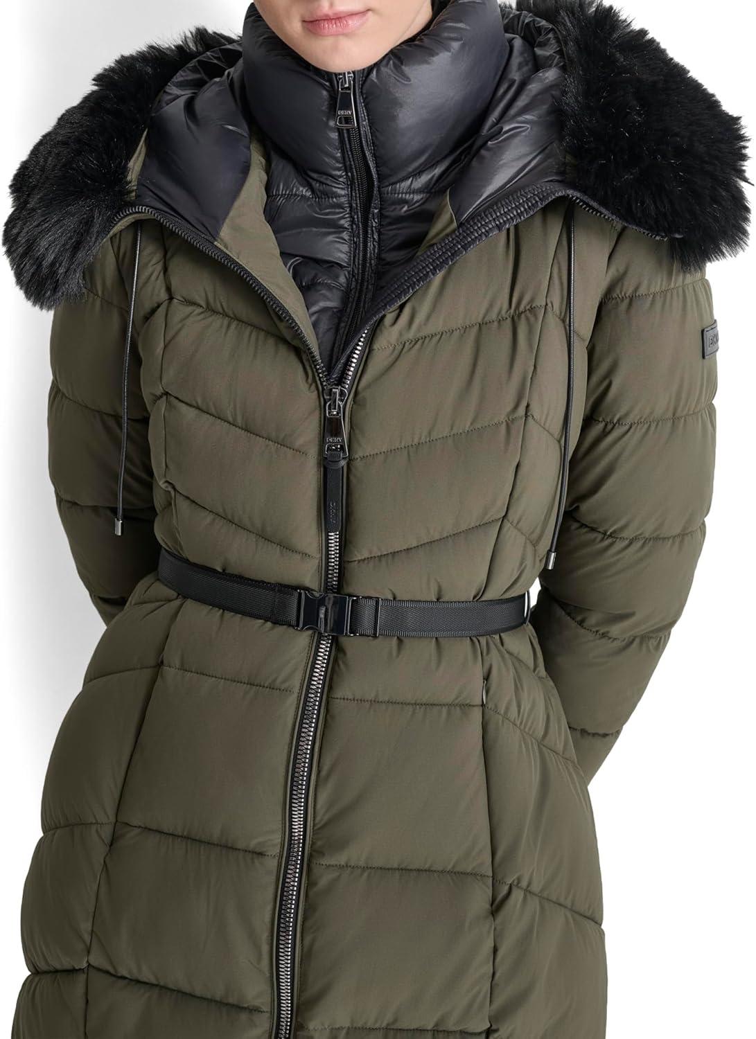 imageDKNY womens Bibfront Fauxfur Trim Hooded LongLoden