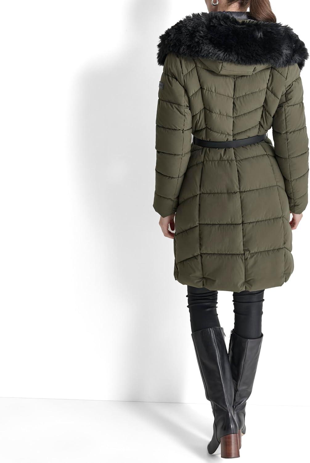 imageDKNY womens Bibfront Fauxfur Trim Hooded LongLoden