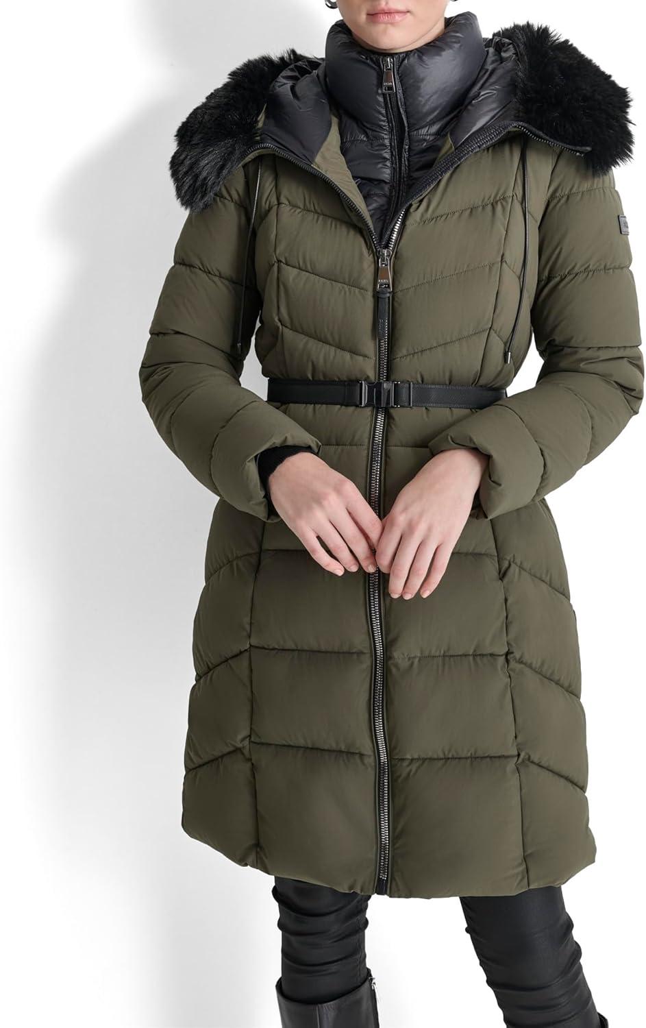 imageDKNY womens Bibfront Fauxfur Trim Hooded LongLoden