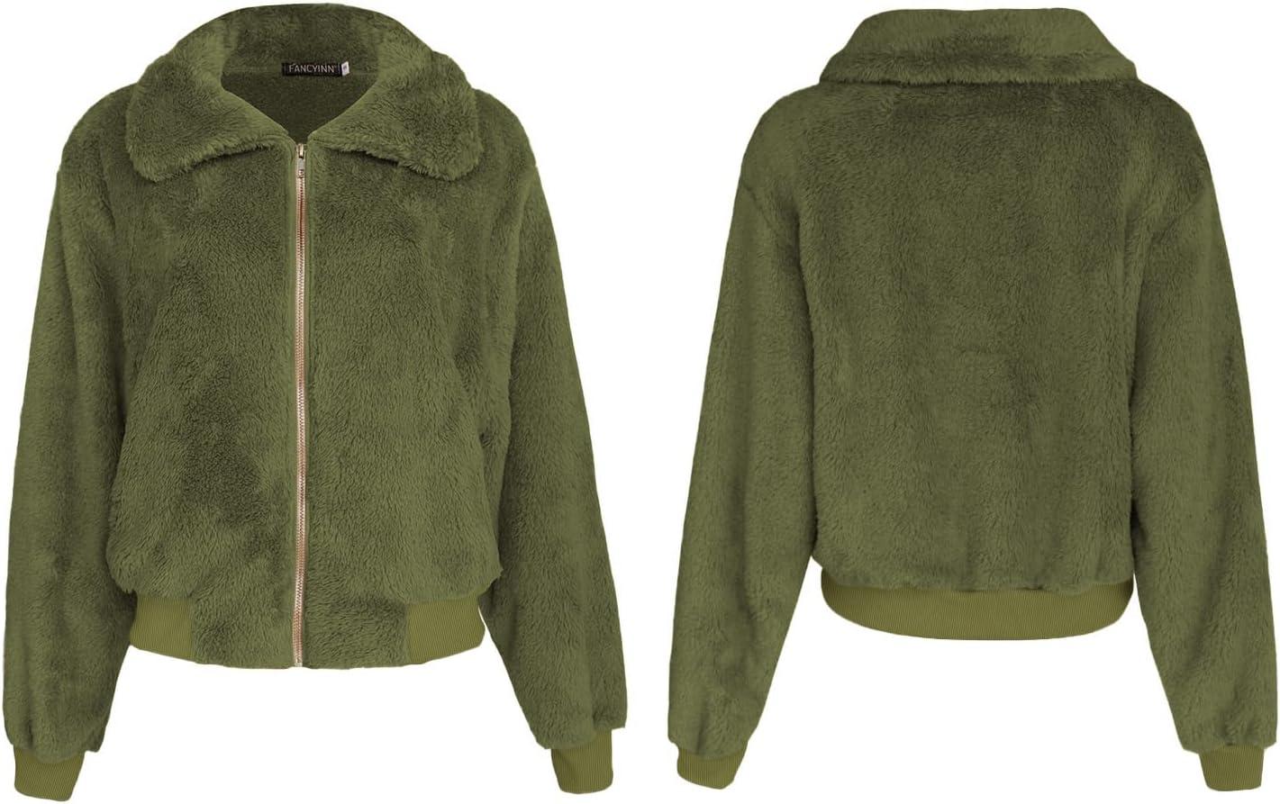imageFANCYINN Womens Teddy Cropped Faux Fur Jacket Furry Lapel Coat Zip Up with Pockets Warm WinterArmy Green