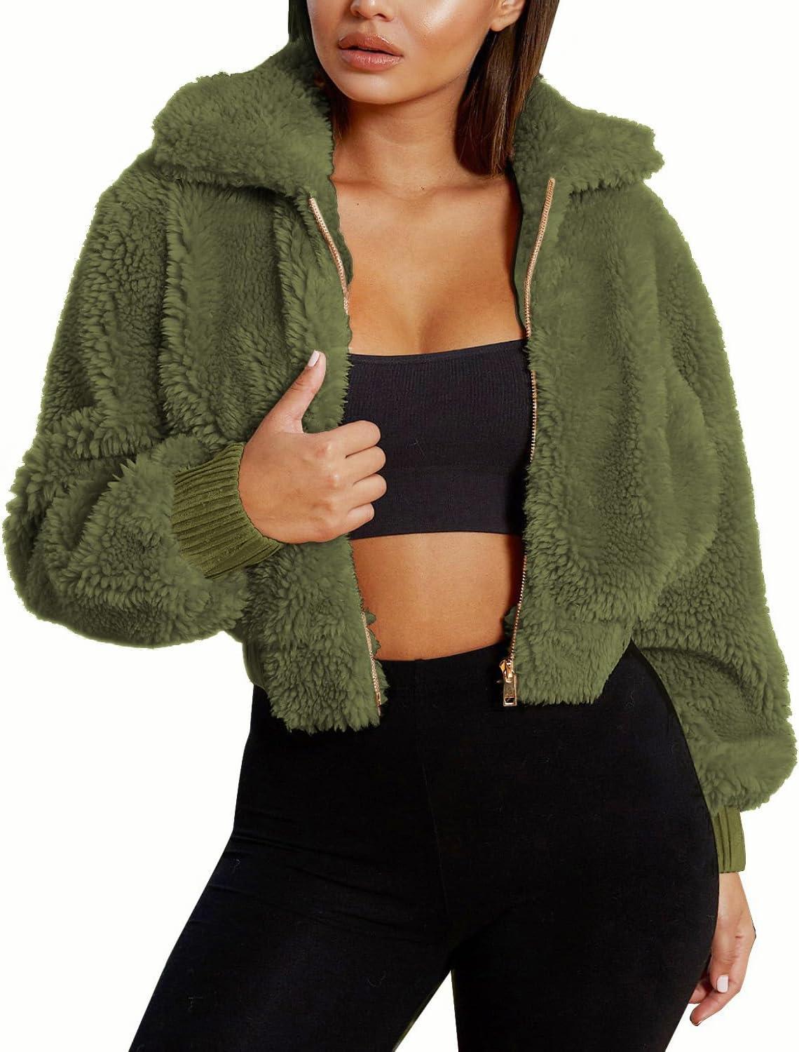 imageFANCYINN Womens Teddy Cropped Faux Fur Jacket Furry Lapel Coat Zip Up with Pockets Warm WinterArmy Green