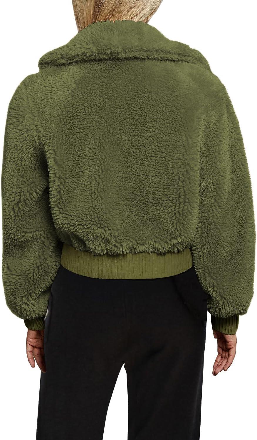 imageFANCYINN Womens Teddy Cropped Faux Fur Jacket Furry Lapel Coat Zip Up with Pockets Warm WinterArmy Green