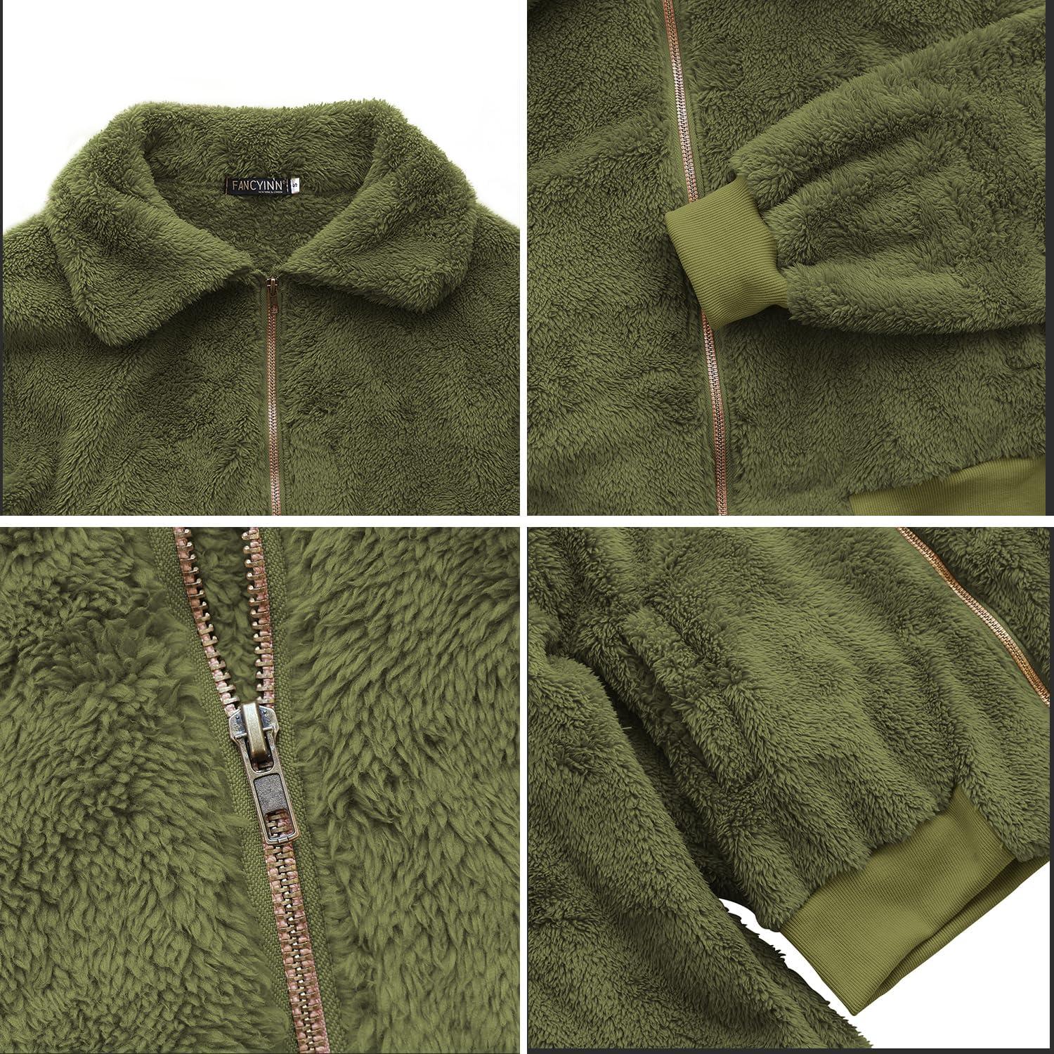 imageFANCYINN Womens Teddy Cropped Faux Fur Jacket Furry Lapel Coat Zip Up with Pockets Warm WinterArmy Green