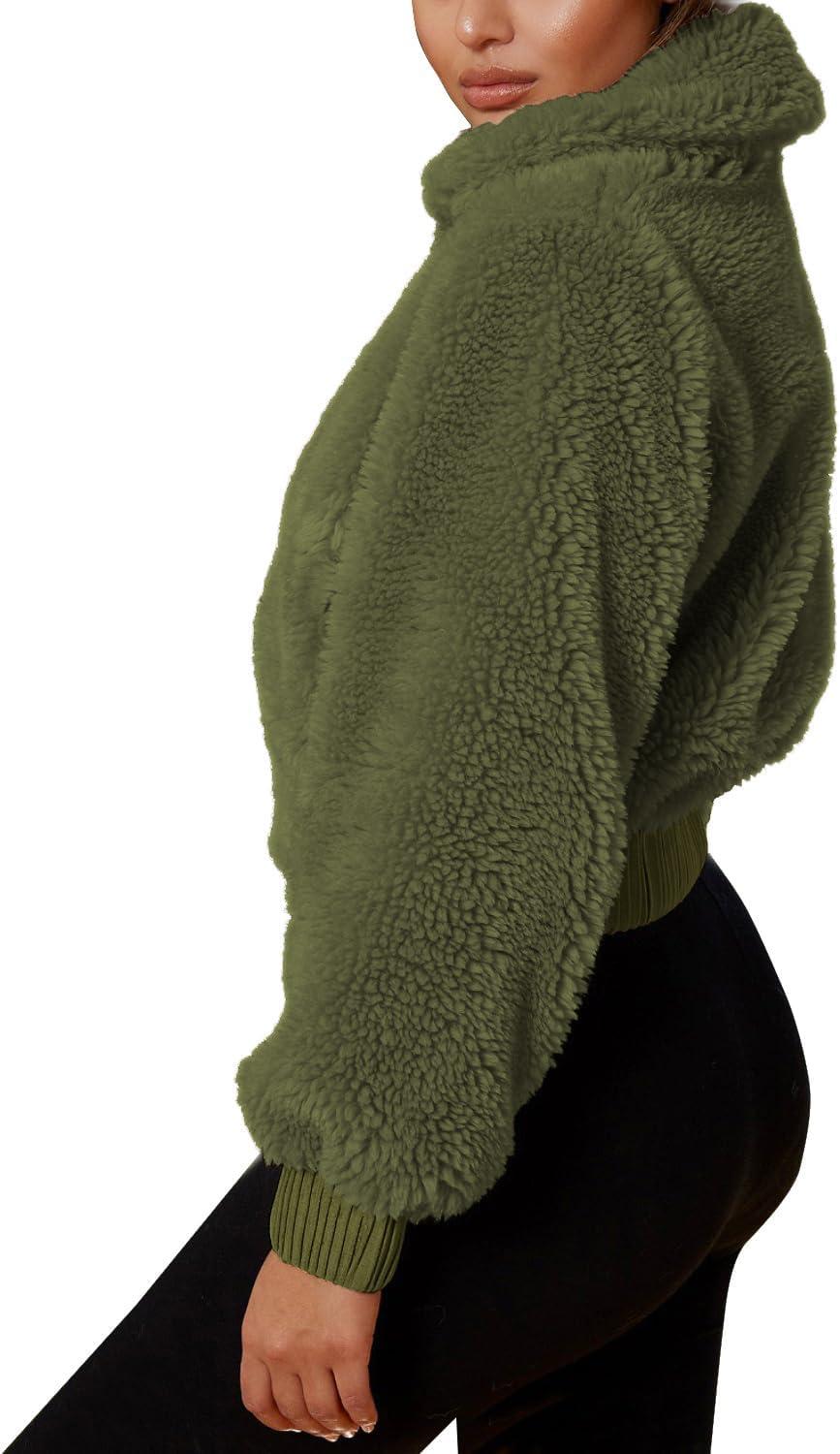 imageFANCYINN Womens Teddy Cropped Faux Fur Jacket Furry Lapel Coat Zip Up with Pockets Warm WinterArmy Green