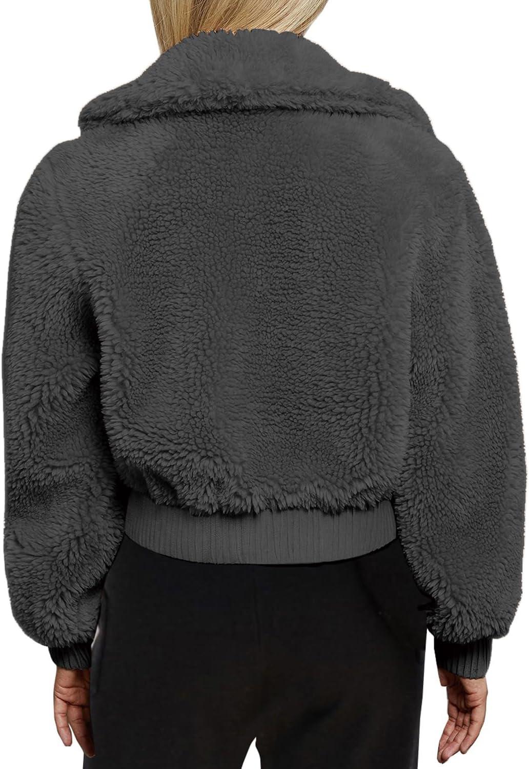 imageFANCYINN Womens Teddy Cropped Faux Fur Jacket Furry Lapel Coat Zip Up with Pockets Warm WinterDark Grey