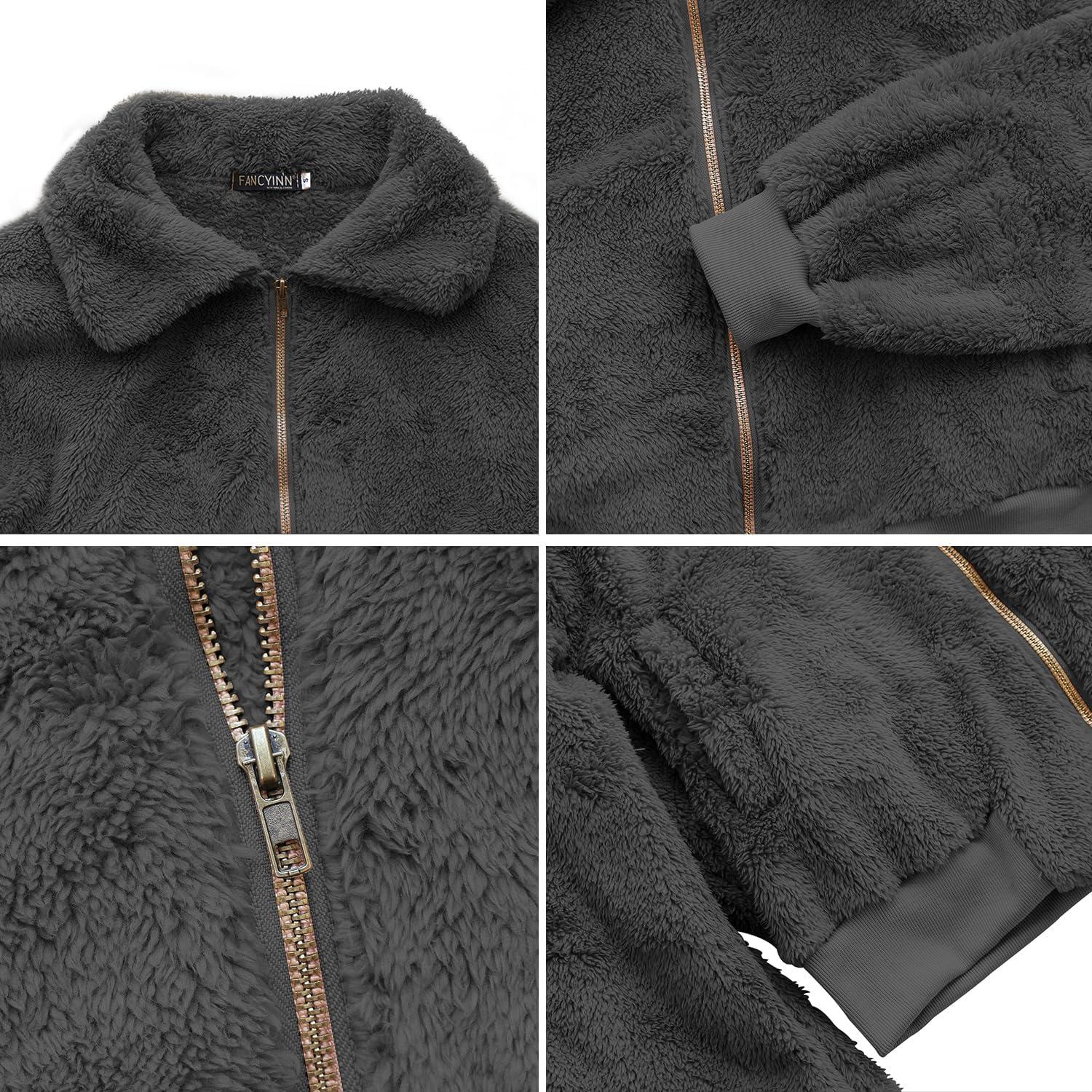 imageFANCYINN Womens Teddy Cropped Faux Fur Jacket Furry Lapel Coat Zip Up with Pockets Warm WinterDark Grey