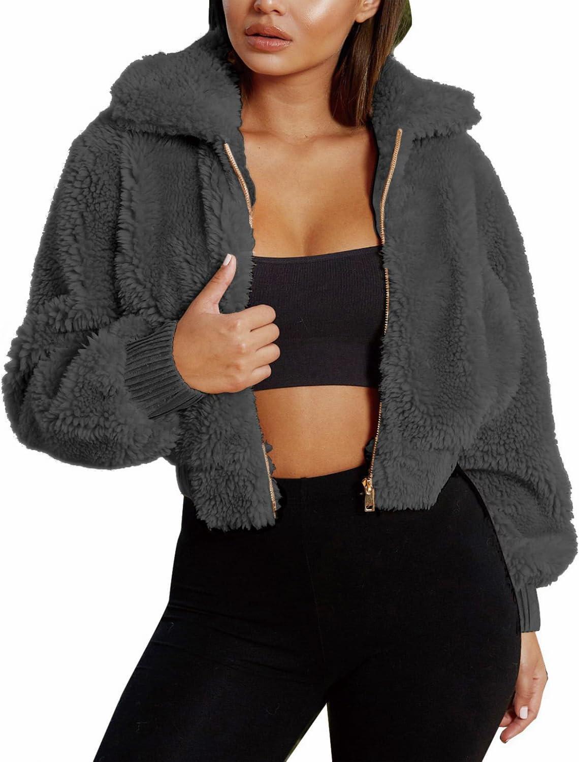 imageFANCYINN Womens Teddy Cropped Faux Fur Jacket Furry Lapel Coat Zip Up with Pockets Warm WinterDark Grey