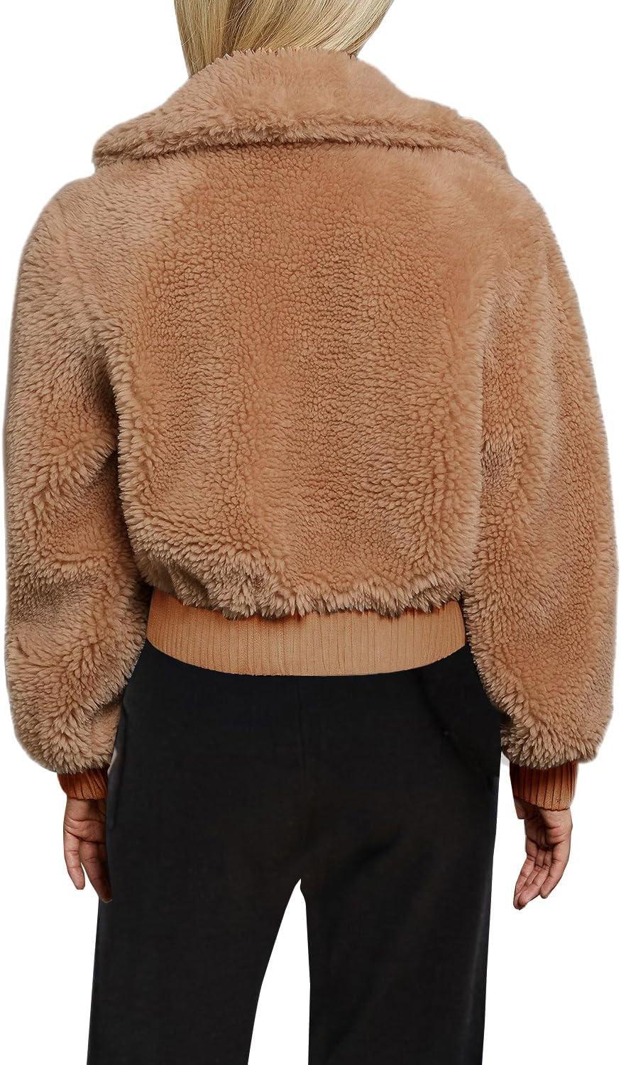 imageFANCYINN Womens Teddy Cropped Faux Fur Jacket Furry Lapel Coat Zip Up with Pockets Warm WinterKhaki