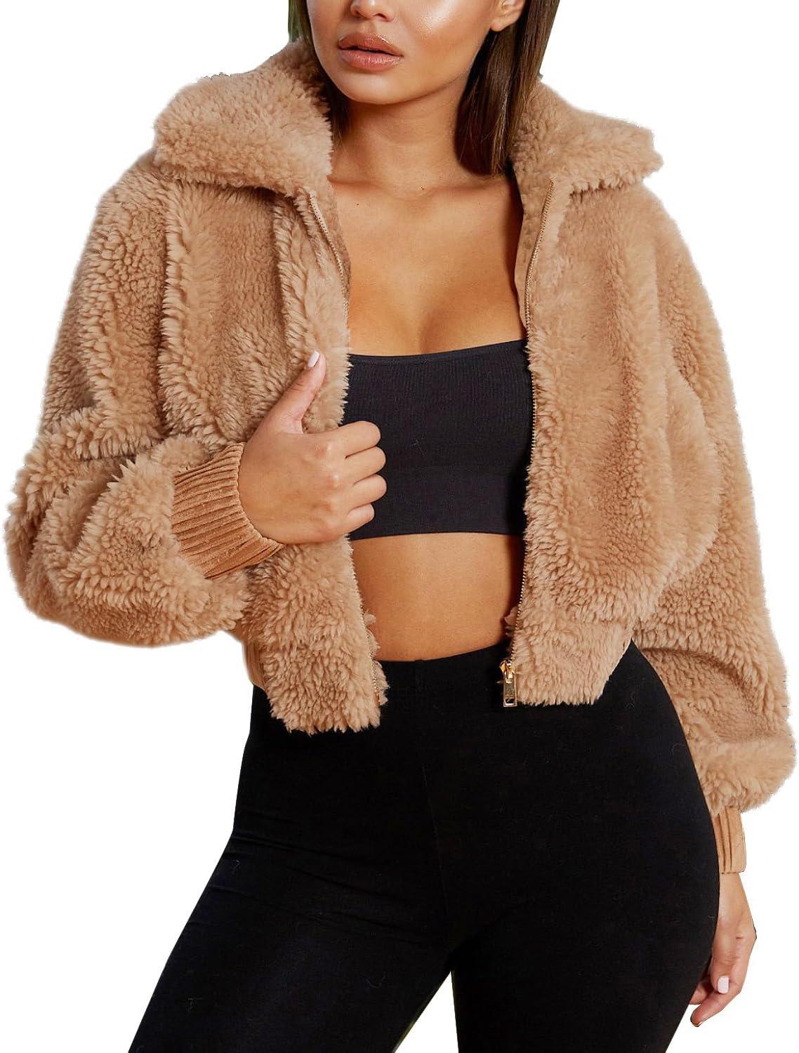 imageFANCYINN Womens Teddy Cropped Faux Fur Jacket Furry Lapel Coat Zip Up with Pockets Warm WinterKhaki