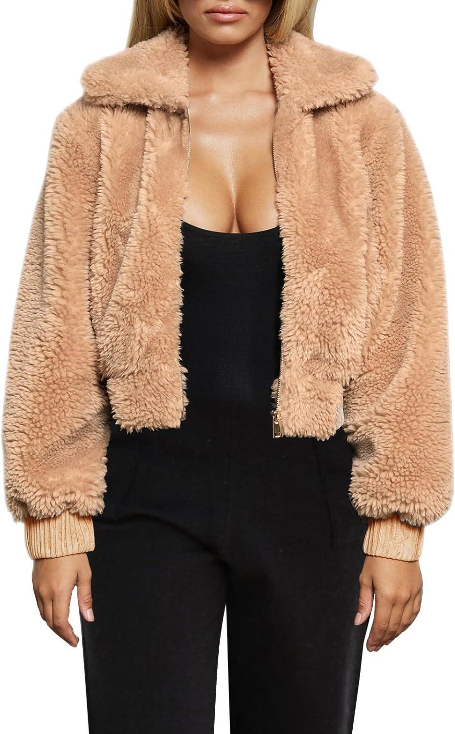 imageFANCYINN Womens Teddy Cropped Faux Fur Jacket Furry Lapel Coat Zip Up with Pockets Warm WinterKhaki