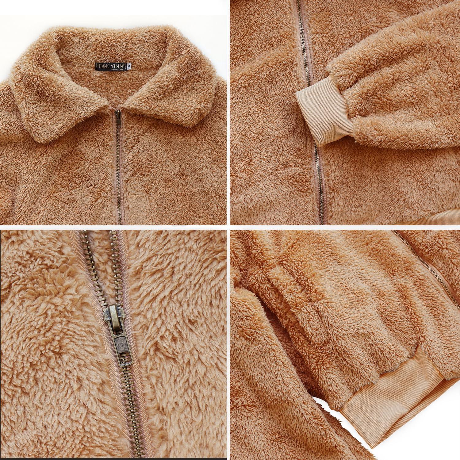 imageFANCYINN Womens Teddy Cropped Faux Fur Jacket Furry Lapel Coat Zip Up with Pockets Warm WinterKhaki