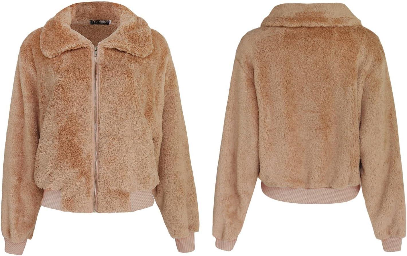 imageFANCYINN Womens Teddy Cropped Faux Fur Jacket Furry Lapel Coat Zip Up with Pockets Warm WinterKhaki