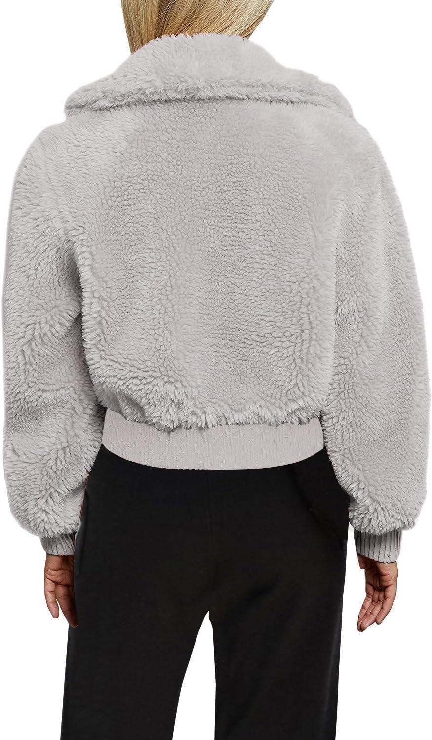 imageFANCYINN Womens Teddy Cropped Faux Fur Jacket Furry Lapel Coat Zip Up with Pockets Warm WinterLight Gray