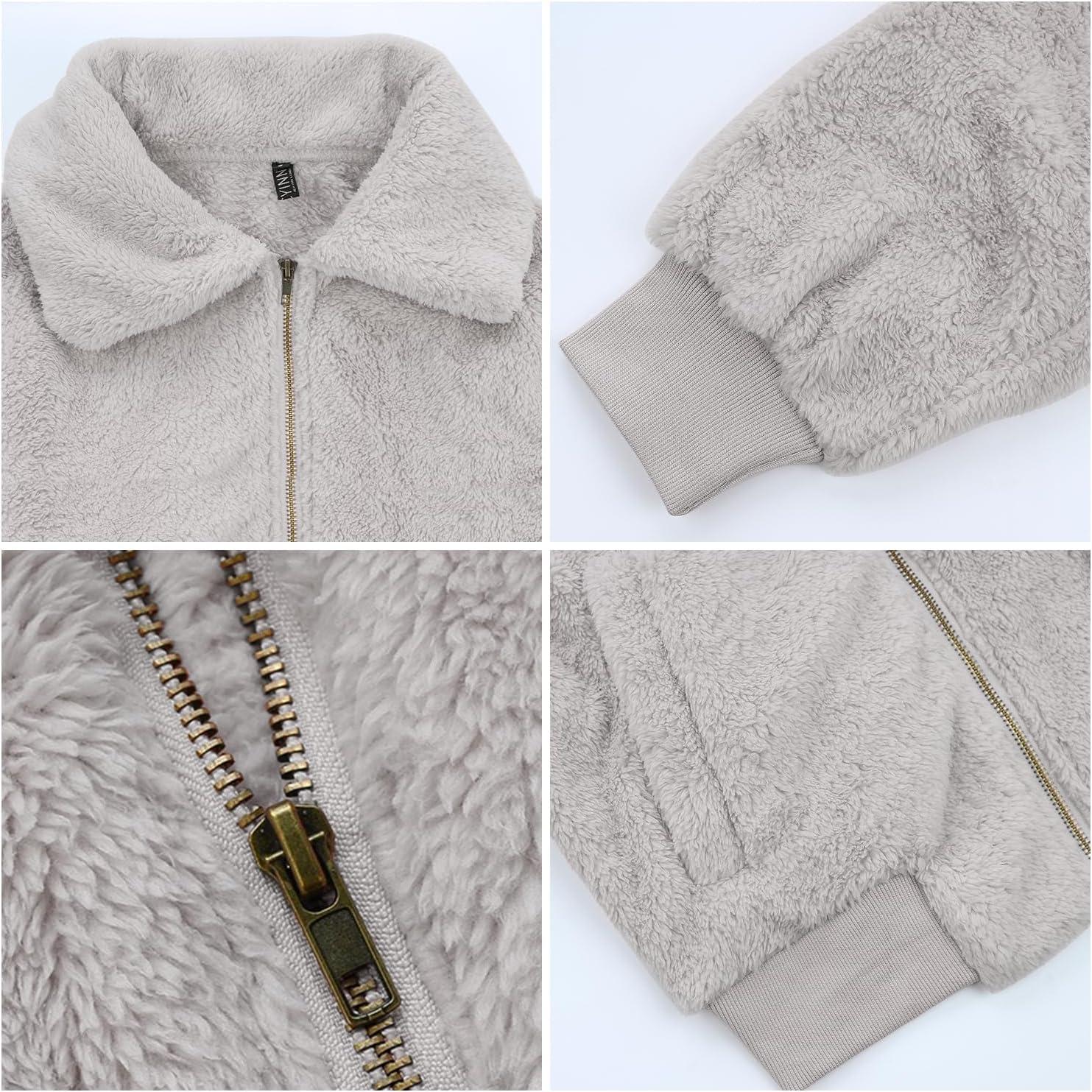 imageFANCYINN Womens Teddy Cropped Faux Fur Jacket Furry Lapel Coat Zip Up with Pockets Warm WinterLight Gray