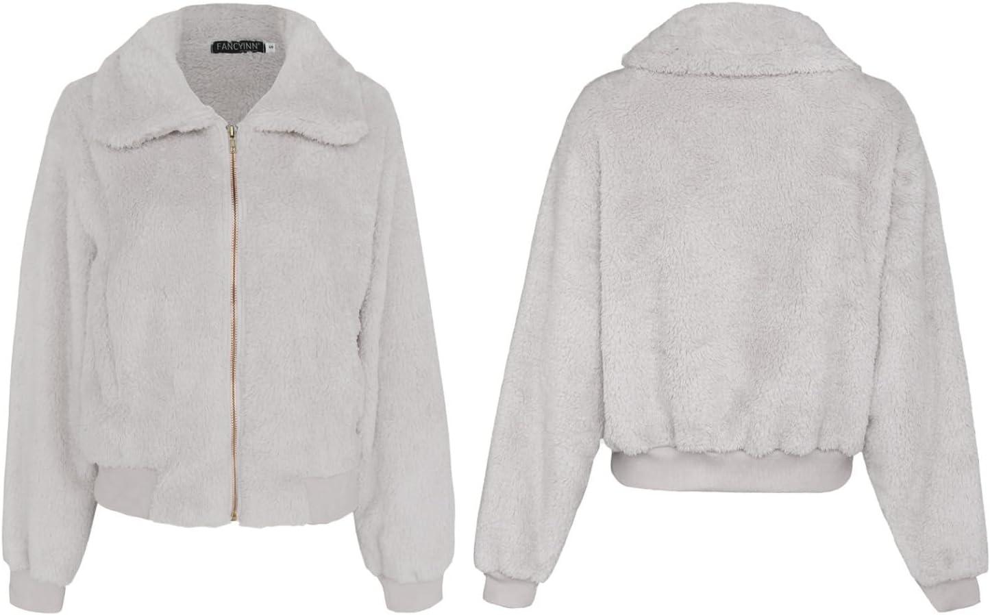 imageFANCYINN Womens Teddy Cropped Faux Fur Jacket Furry Lapel Coat Zip Up with Pockets Warm WinterLight Gray