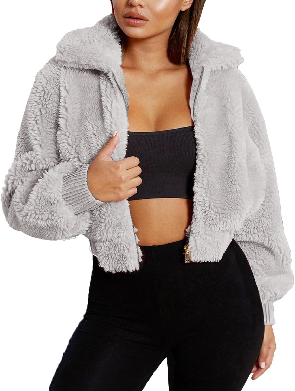 imageFANCYINN Womens Teddy Cropped Faux Fur Jacket Furry Lapel Coat Zip Up with Pockets Warm WinterLight Gray