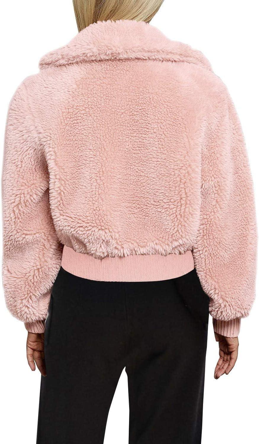 imageFANCYINN Womens Teddy Cropped Faux Fur Jacket Furry Lapel Coat Zip Up with Pockets Warm WinterPink