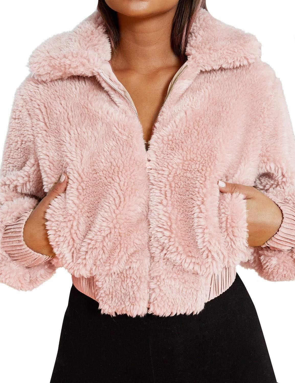 imageFANCYINN Womens Teddy Cropped Faux Fur Jacket Furry Lapel Coat Zip Up with Pockets Warm WinterPink