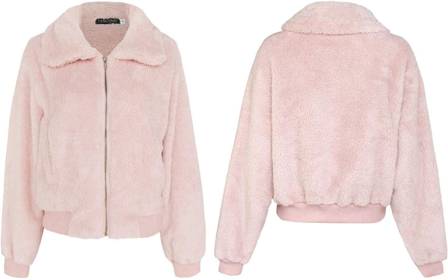 imageFANCYINN Womens Teddy Cropped Faux Fur Jacket Furry Lapel Coat Zip Up with Pockets Warm WinterPink