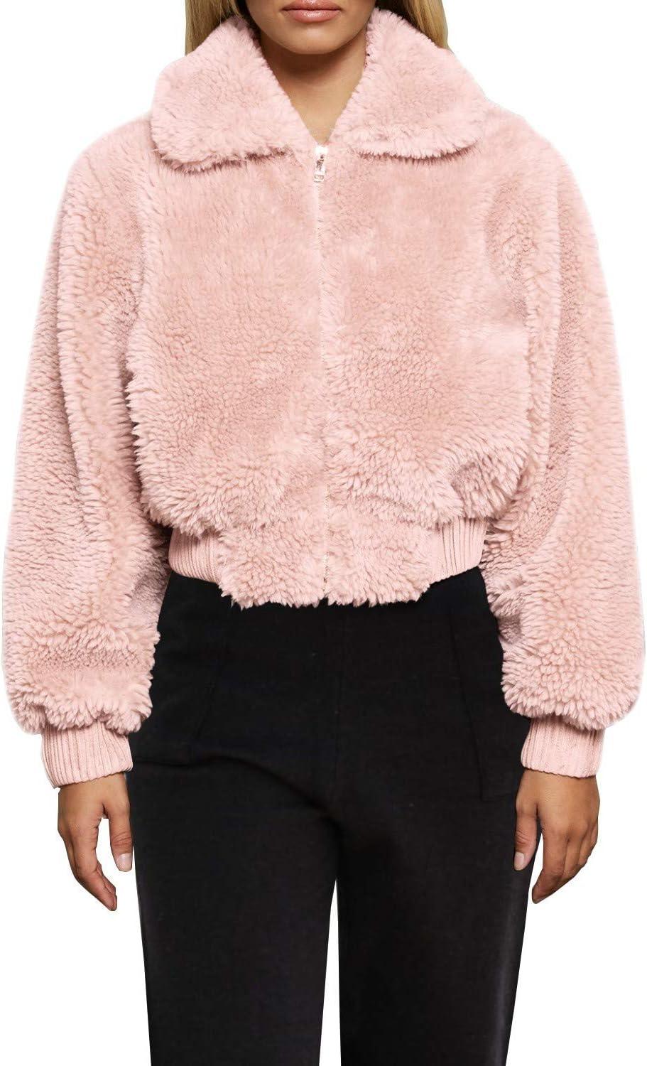 imageFANCYINN Womens Teddy Cropped Faux Fur Jacket Furry Lapel Coat Zip Up with Pockets Warm WinterPink