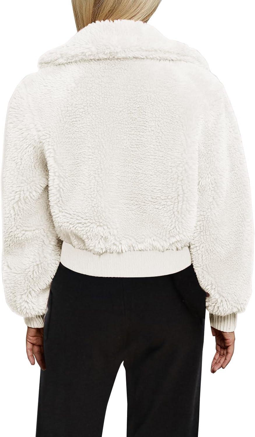 imageFANCYINN Womens Teddy Cropped Faux Fur Jacket Furry Lapel Coat Zip Up with Pockets Warm WinterWhite