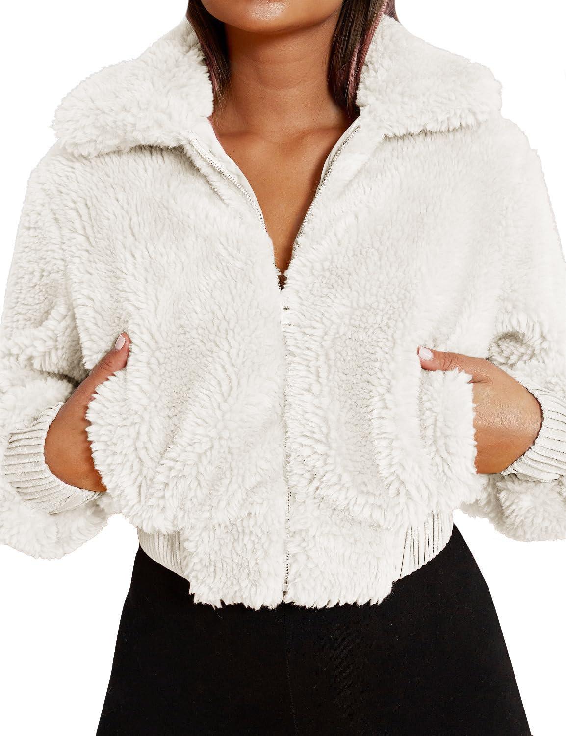 imageFANCYINN Womens Teddy Cropped Faux Fur Jacket Furry Lapel Coat Zip Up with Pockets Warm WinterWhite